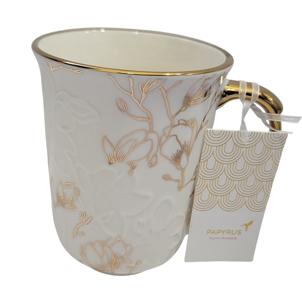 NWT Papyrus White Gold‎ Ceramic Mug Metallic Florals Embossed Textured Classy